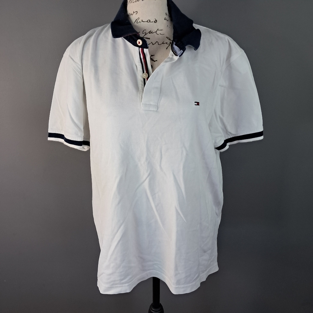 Tommy Hilfiger Mens Polo Large Custom Fit White Embroidered Logo Short Sleeve